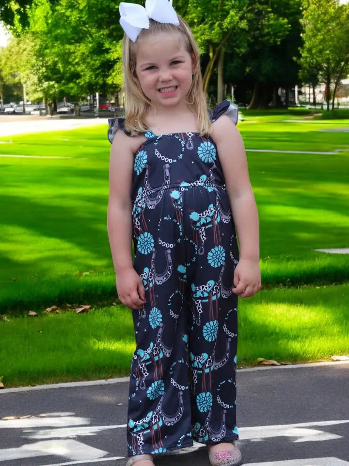 (Western) Dark Charcoal Concho Printed Girls Jumpsuit.