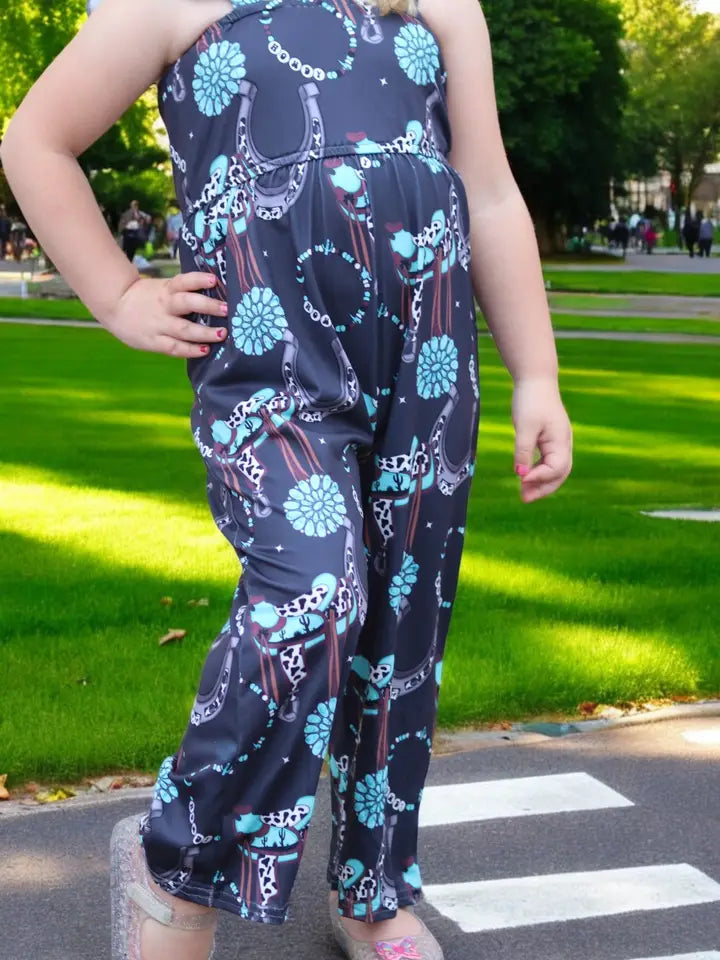 (Western) Dark Charcoal Concho Printed Girls Jumpsuit.