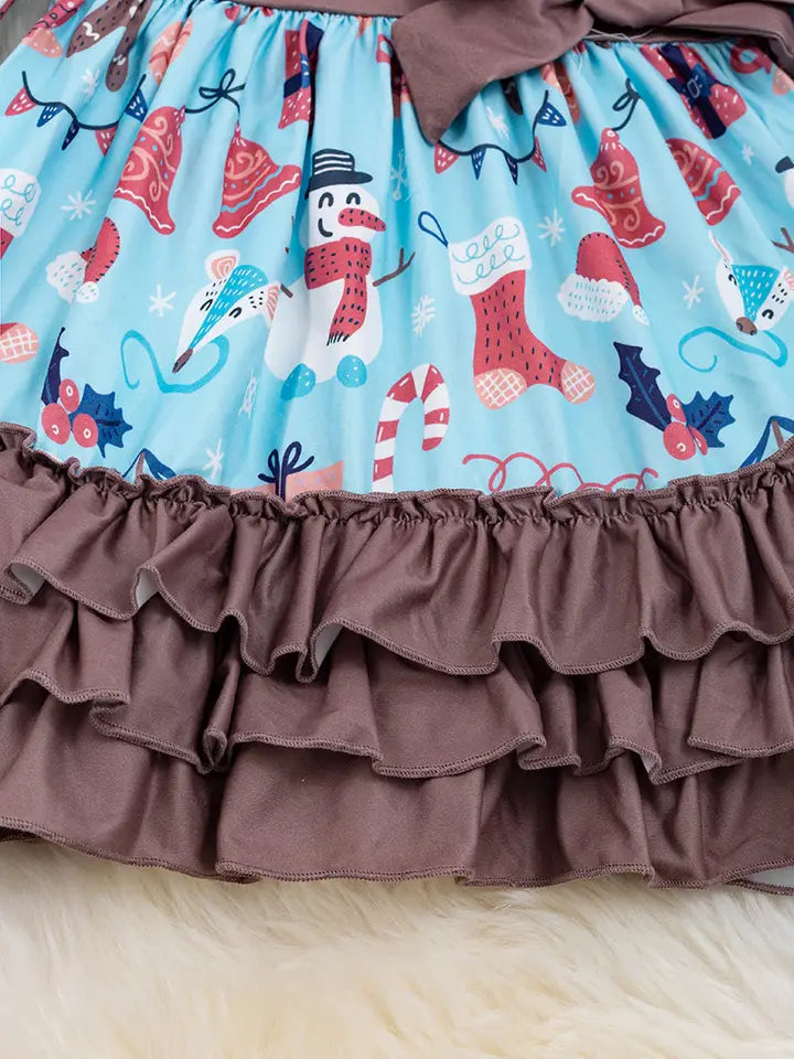 Snowman Printed On Blue 3 Layer Ruffle Dress w/ Ruffle
