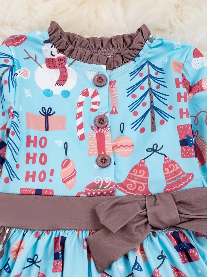 Snowman Printed On Blue 3 Layer Ruffle Dress w/ Ruffle