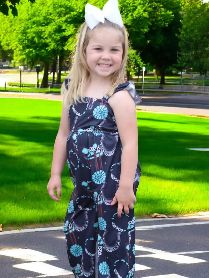 (Western) Dark Charcoal Concho Printed Girls Jumpsuit.
