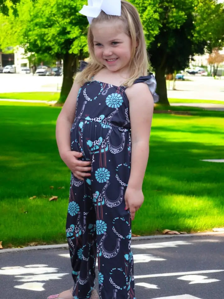 (Western) Dark Charcoal Concho Printed Girls Jumpsuit.