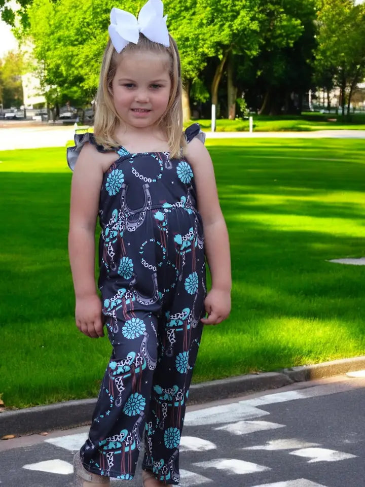 (Western) Dark Charcoal Concho Printed Girls Jumpsuit.
