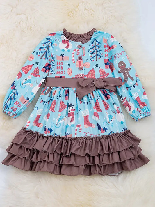 Snowman Printed On Blue 3 Layer Ruffle Dress w/ Ruffle