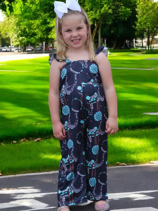(Western) Dark Charcoal Concho Printed Girls Jumpsuit.
